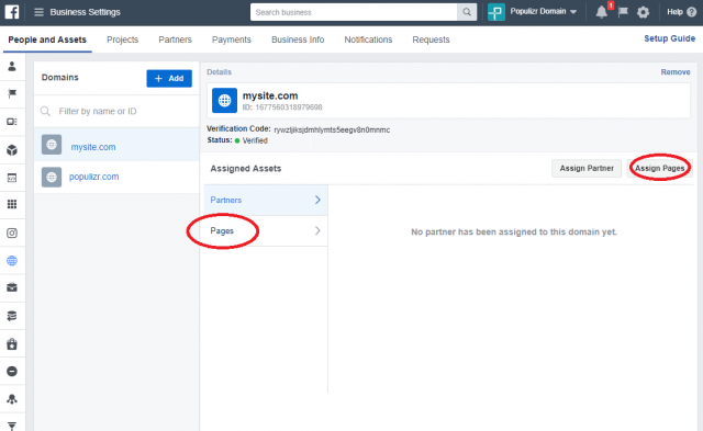 Assigning Facebook page to your domain
