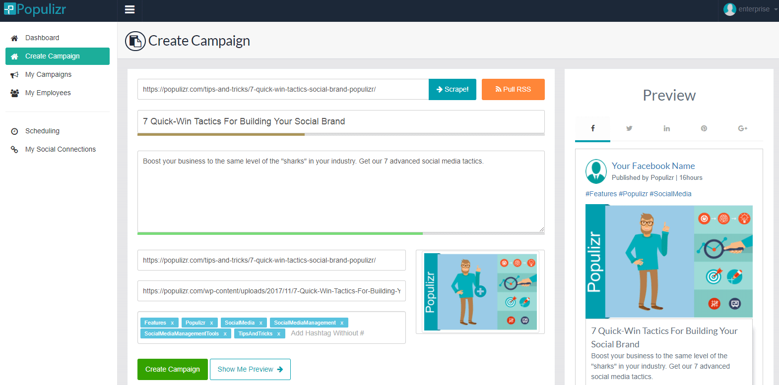 populizr enterprise create campaign